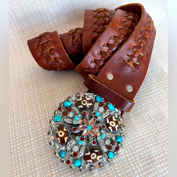 Vintage Accessories - Vintage 80s 90s Leather Statement Belt Silver Rhinestone Boho Western Buckle